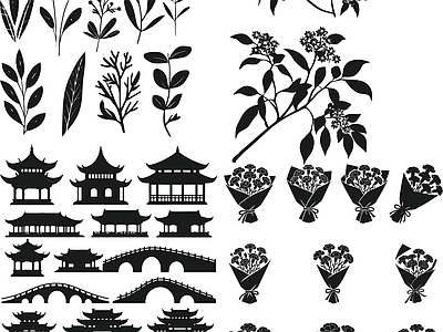 其他图库 植物 剪影 贴图 线稿 线稿中式