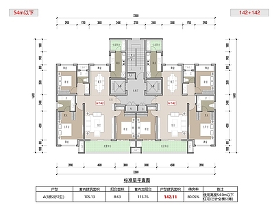 三居 T2小高层户型 142平3房2卫 三面宽南北通透 54m以下高层