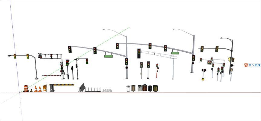 现代户外公共设施 交通红绿灯 垃圾桶 路障