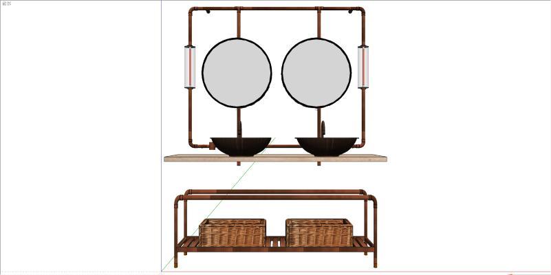 新中式风格卫浴小件组合 双台盆 圆镜子 网框