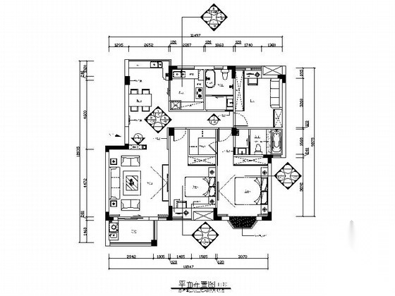 [江西]现代新中式三居室样板间CAD装修施工图（含效果） 平层