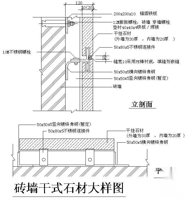 某砖墙干式石材大样节点构造详图