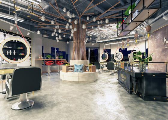 现代工业风理发店 吧椅 收银台