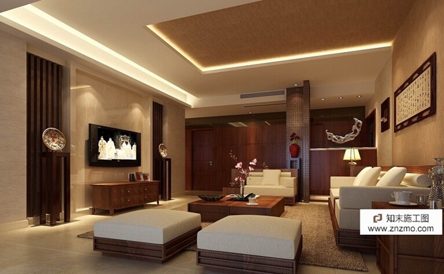 现代中式施工图加效果图 平层