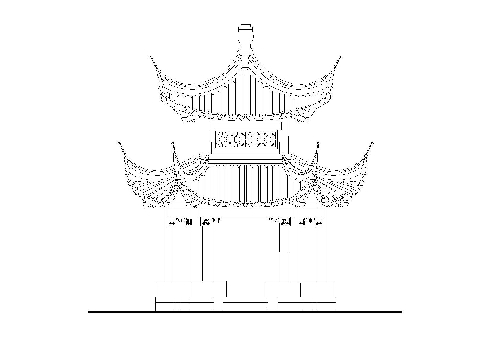 八角四方重檐亭施工图设计_CAD