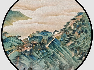 新中式圆形装饰画 中式水画