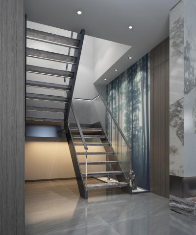 现代东方楼梯间 悬空钢架大理石 深林壁画 小石头