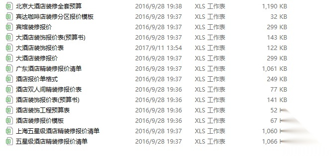 工装预算模板--酒店宾馆装修预算清单（14套）