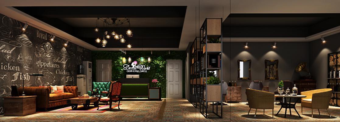 工业风理发店 椅子 镜子 吊灯