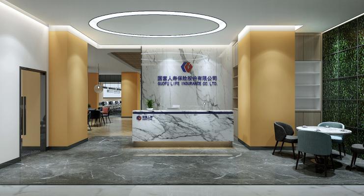 现代公司前台 洽谈桌 高脚吧椅 办公桌 电脑 办公用品 休闲椅