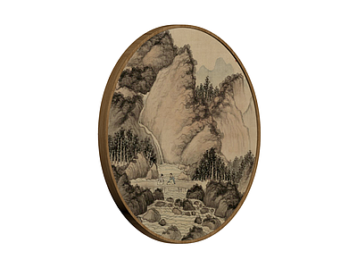 山水风景圆形木托盘