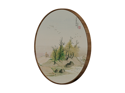 中式山水圆框挂画