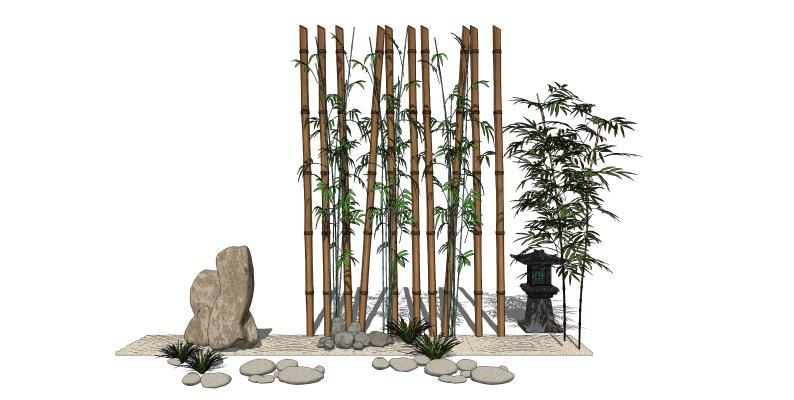 新中式风格竹子 庭院禅意枯山水景观小品 石头鹅卵石灯 绿植植物