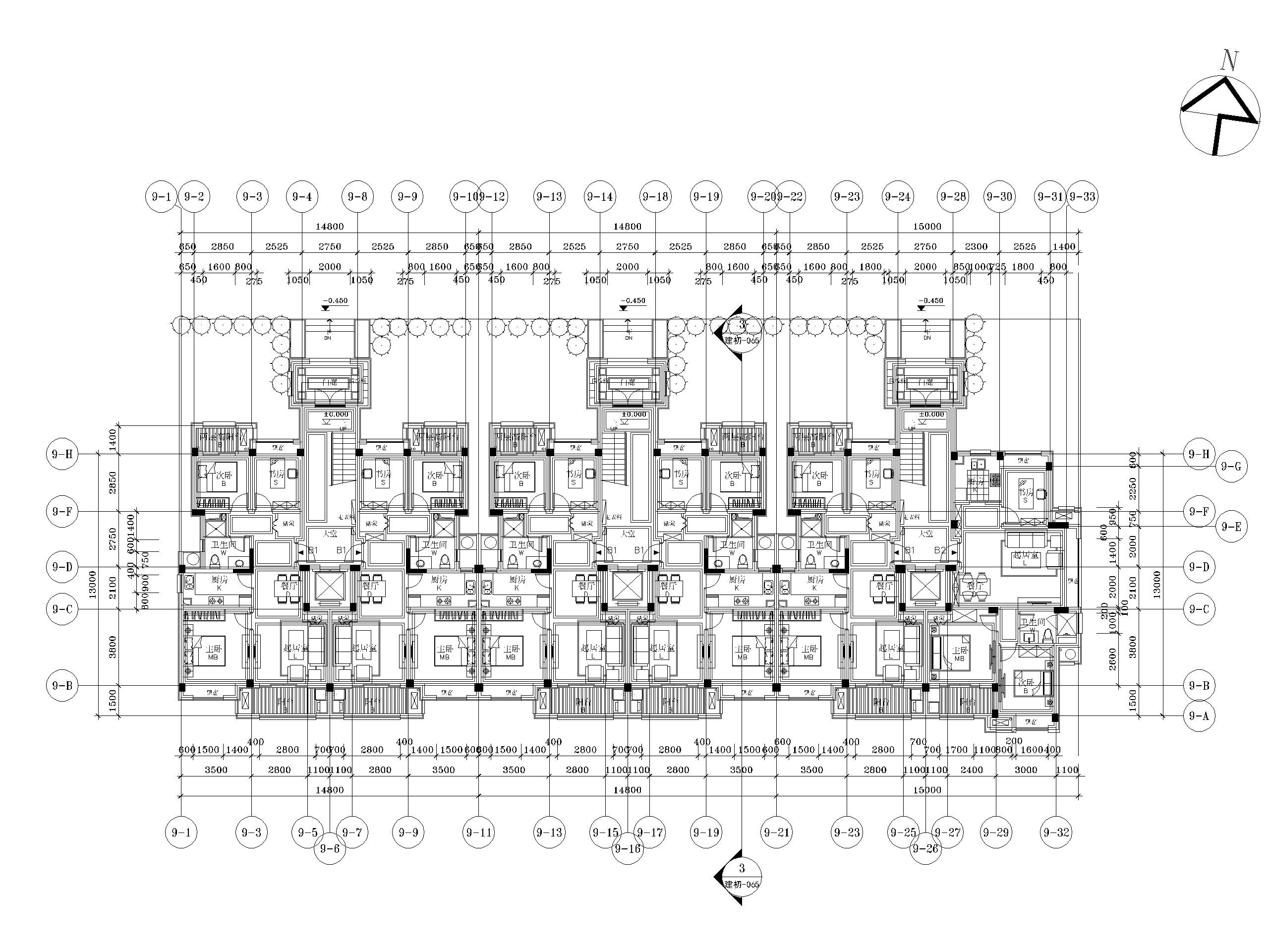 多层洋房1T2三拼 2 2面宽户型图 90 90