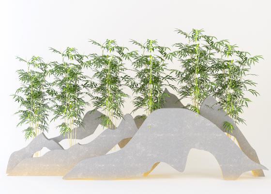 新中式园林小品假山竹子