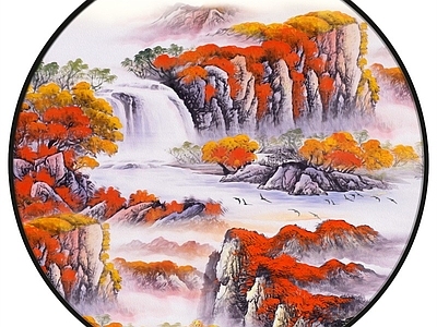 新中式圆形装饰画 中式水画