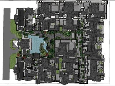 中式四合院 庭院景观 中心公园 带水景花园