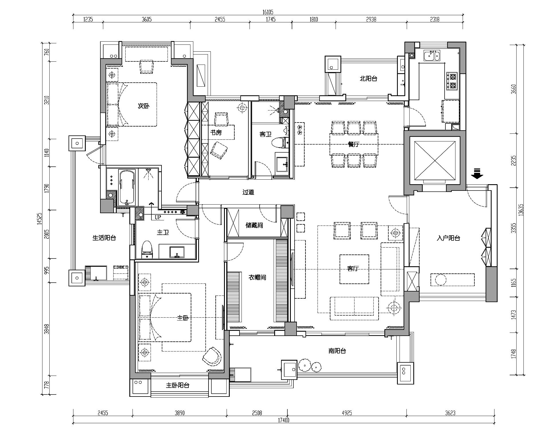 福建170平两居室公寓装修施工图+效果图