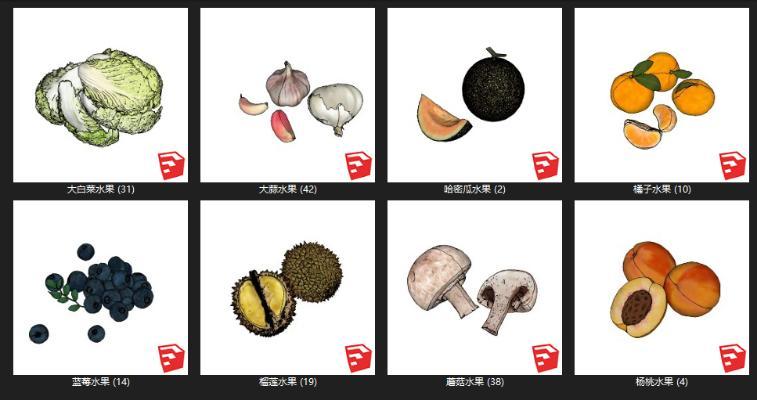 现代风格榴莲 桃子 橘子 大白菜 蓝莓 蘑菇 哈密瓜 大蒜
