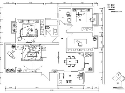 新中式风格3室2厅2卫住宅装修施工图设计 平层