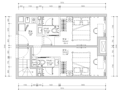 [贵州]53㎡二层四户loft公寓样板间施工图