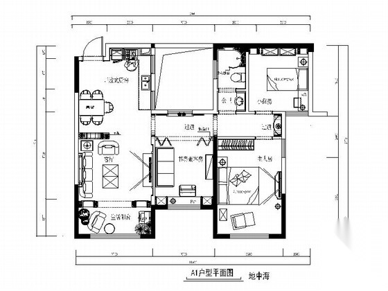 [原创]地中海风格三居室室内二次装修改造施工图 平层