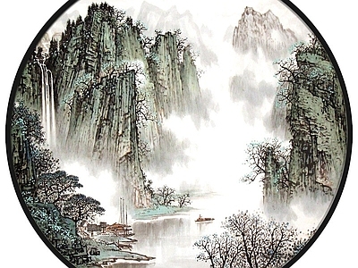 新中式圆形山水装饰画 中式水画