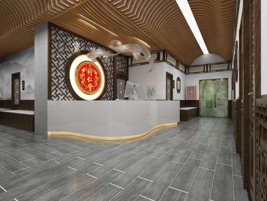 中式中医药馆推拿室前台接待大厅 商场过道