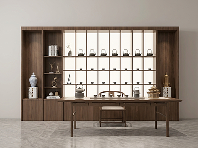 中间品茶背景展示柜茶桌椅