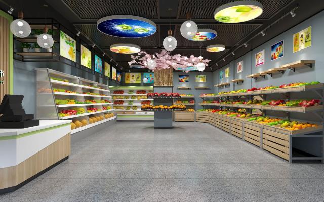 工业风格水果超市 形象墙 收银台 水果放置架 樱花树