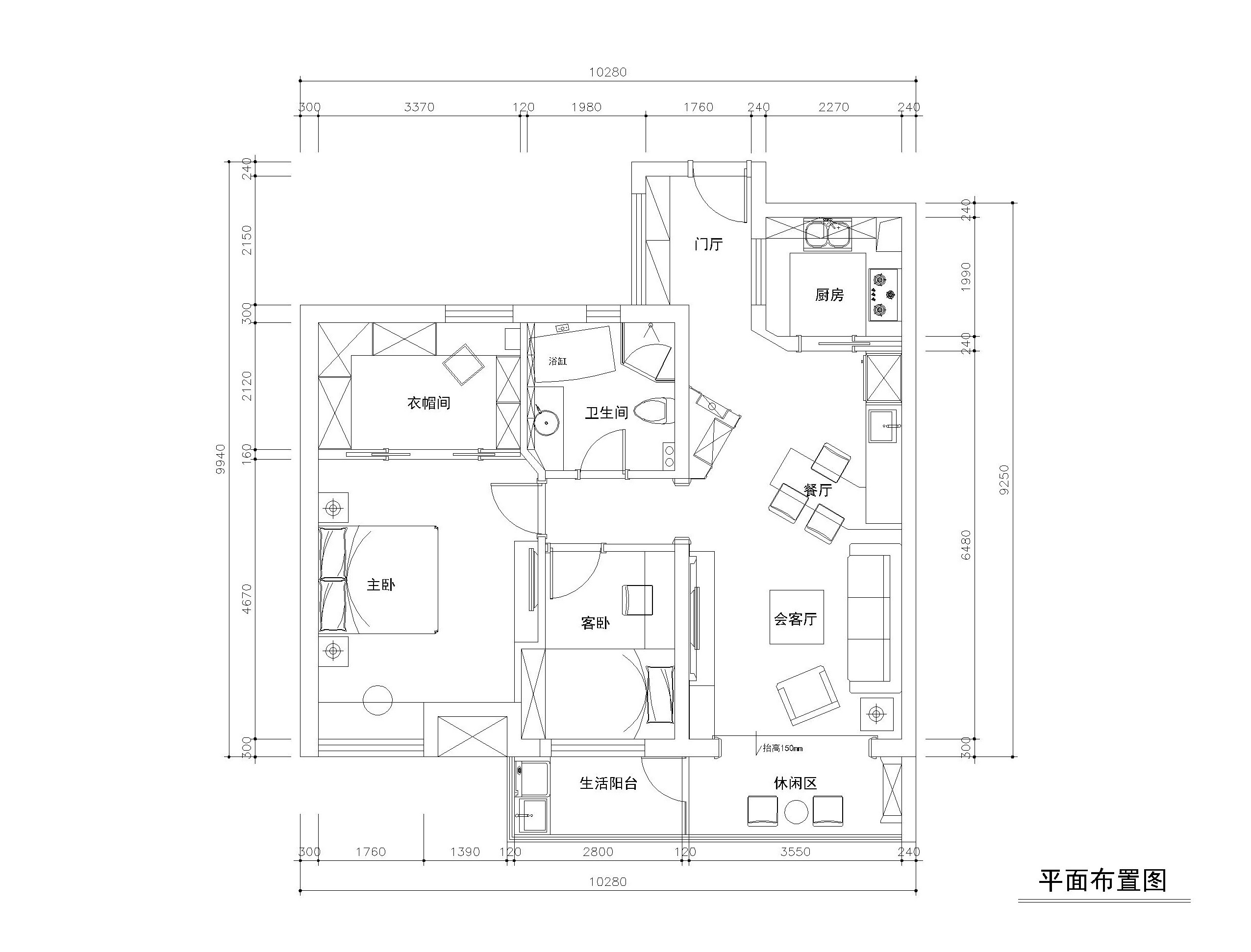 常熟98平三居室公寓装修施工图+效果图