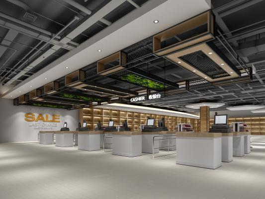 现代超市便利店 商超 收银台 收银区 管道