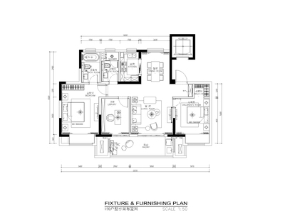 120平现代风格两居室样板间施工图_效果图 平层