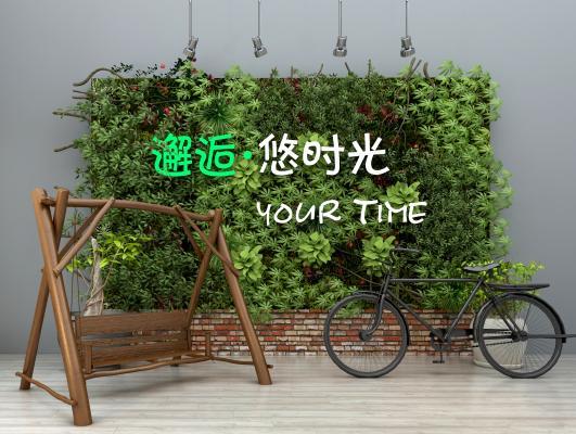 现代绿植墙秋千自行车组合 秋千椅 导轨灯 园艺小品 植物墙 园林小品 盆景