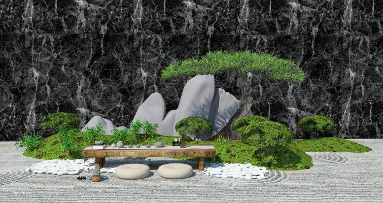 中式松树 假山 茶桌 枯山水景观小品 户外