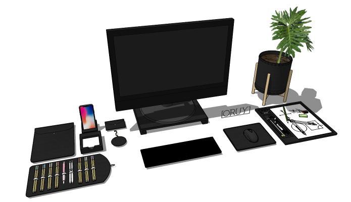 现代办公用品 电脑 画图笔 盆栽