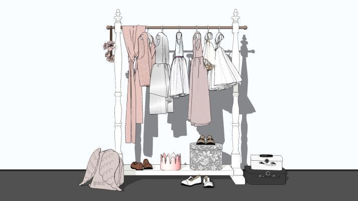 现代风格展示服装 女孩裙子 衣架 衣服 包
