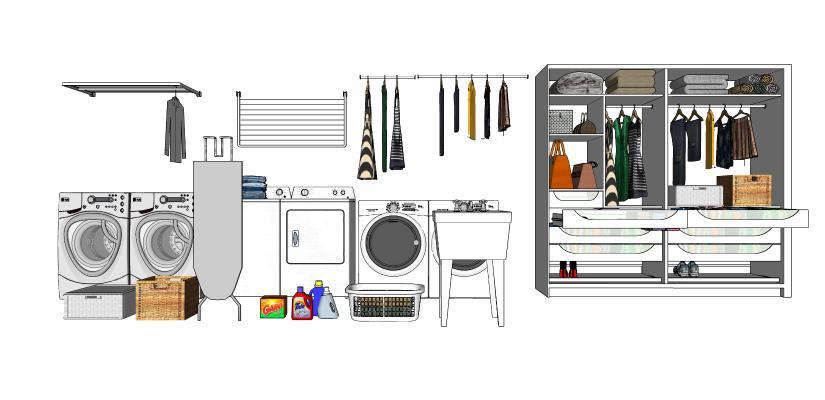 现代风格衣架 衣柜组合 家用电器 洗衣机 清洁用品 清洁池 拖把池