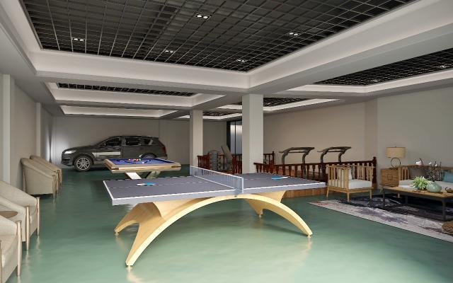 现代地下室车库 汽车 健身房 乒乓球桌 台球桌 地坪漆 格栅吊顶