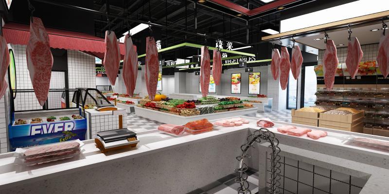 现代菜市场 农贸市场 蔬菜 水果 肉 营业房 商铺 摊位 灯架