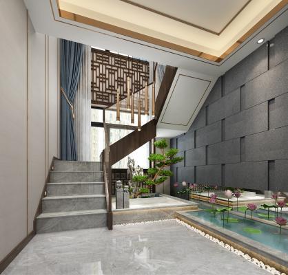 新中式楼梯间 窗帘 花格 吊灯 水景