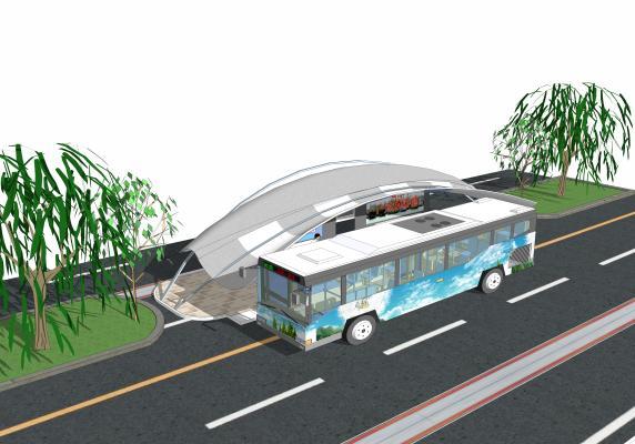 现代公交站台 广告牌 公交车 景观椅 景观树 道路