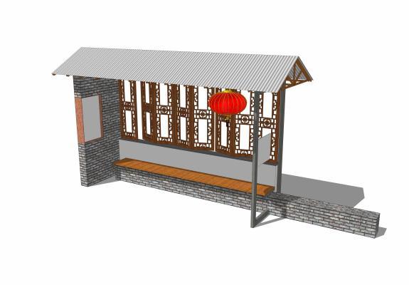 中式风格遮阳棚 公交车站 廊架 红灯笼 木窗