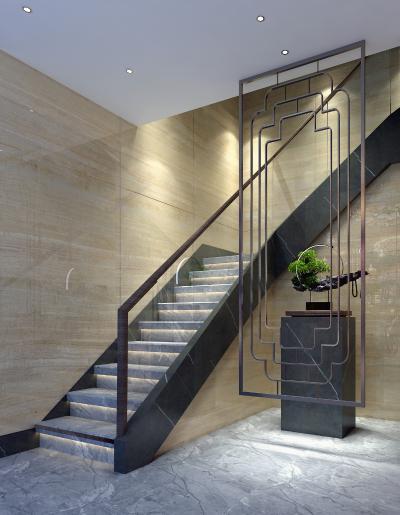现代楼梯间 现代楼梯间 楼梯 雕塑摆件 植物墙 边几 旋转楼梯 单头吊灯