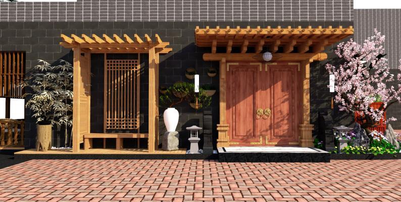 新中式风格景观小建筑 大门 户外花箱 廊架花架 庭院景观 植物 花卉 门头景观