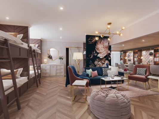 现代大学女生宿舍 现代吊灯 休闲椅 茶几 摆件 落地灯 沙发 边柜 边几