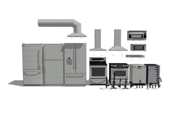 现代风格厨房用品组合 冰箱 微波炉 燃气灶