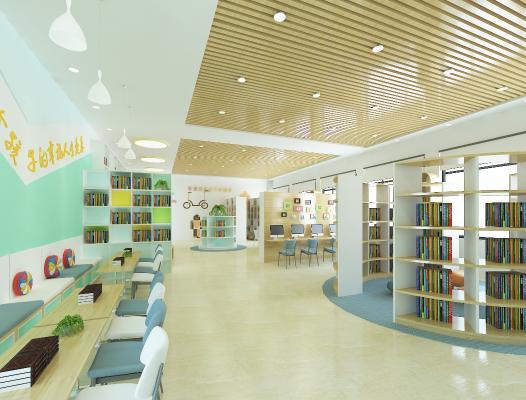 现代学校图书馆 阅览室 活动区 书吧 书架