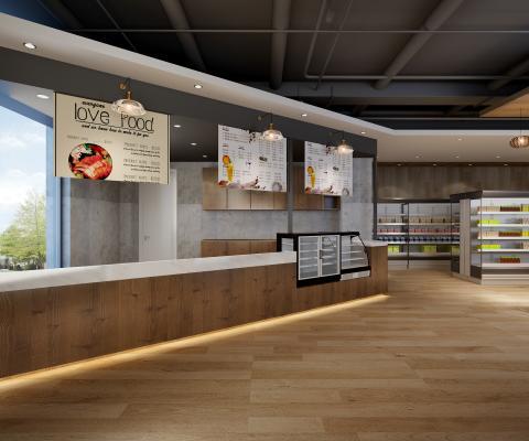 现代便利店 咖啡休闲区 冷藏柜 吧椅