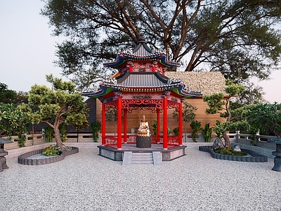 新中式中式园林凉亭  花草  树  佛像 石雕围栏